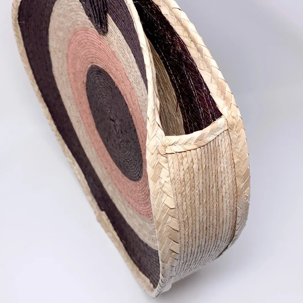 MISA Los Angeles Mykonos Circle Circular Straw Tote Bag Natural Purple Pink